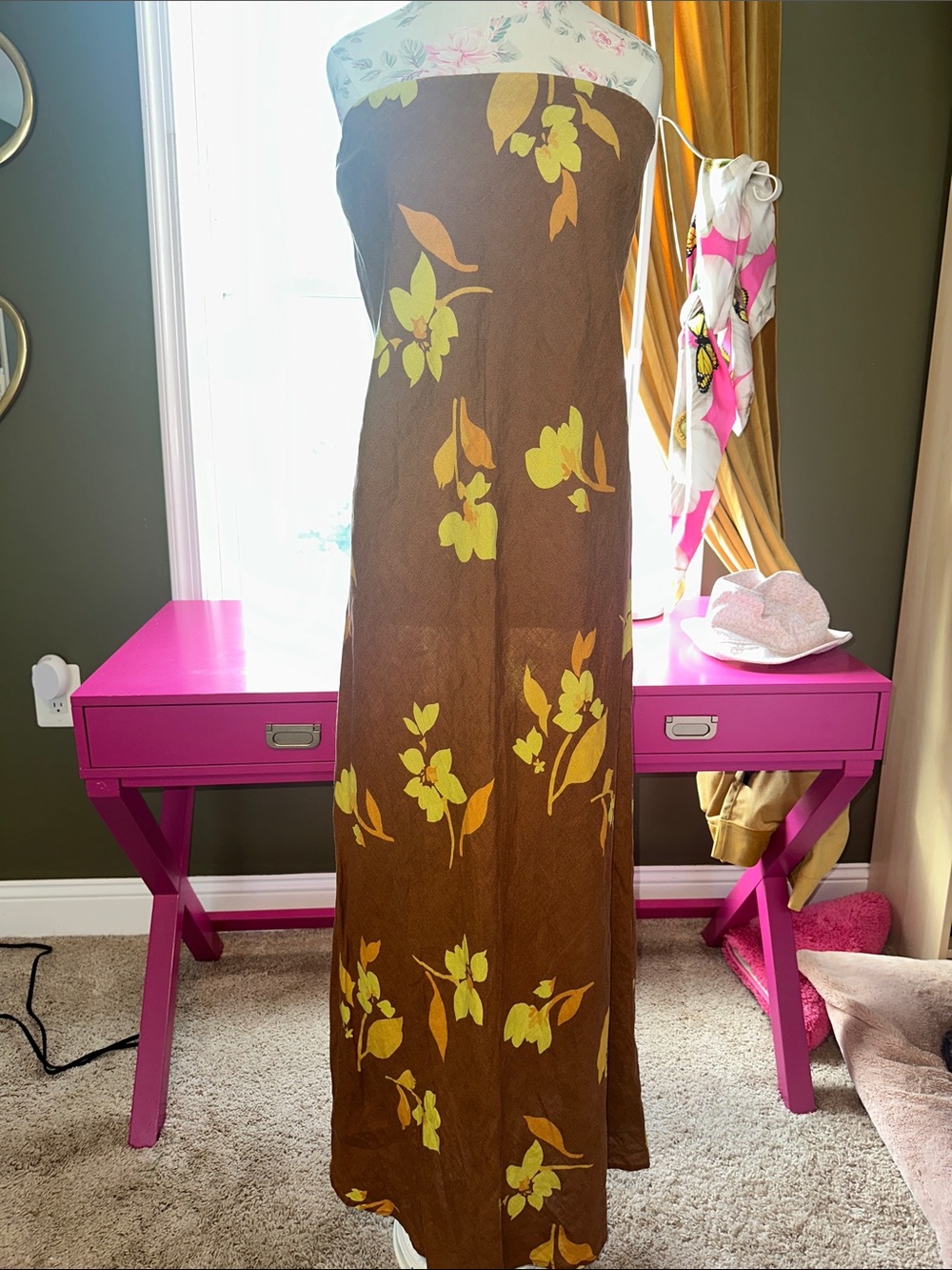 Strapless Brown Floral Maxi Dress - Yellow Floral Print